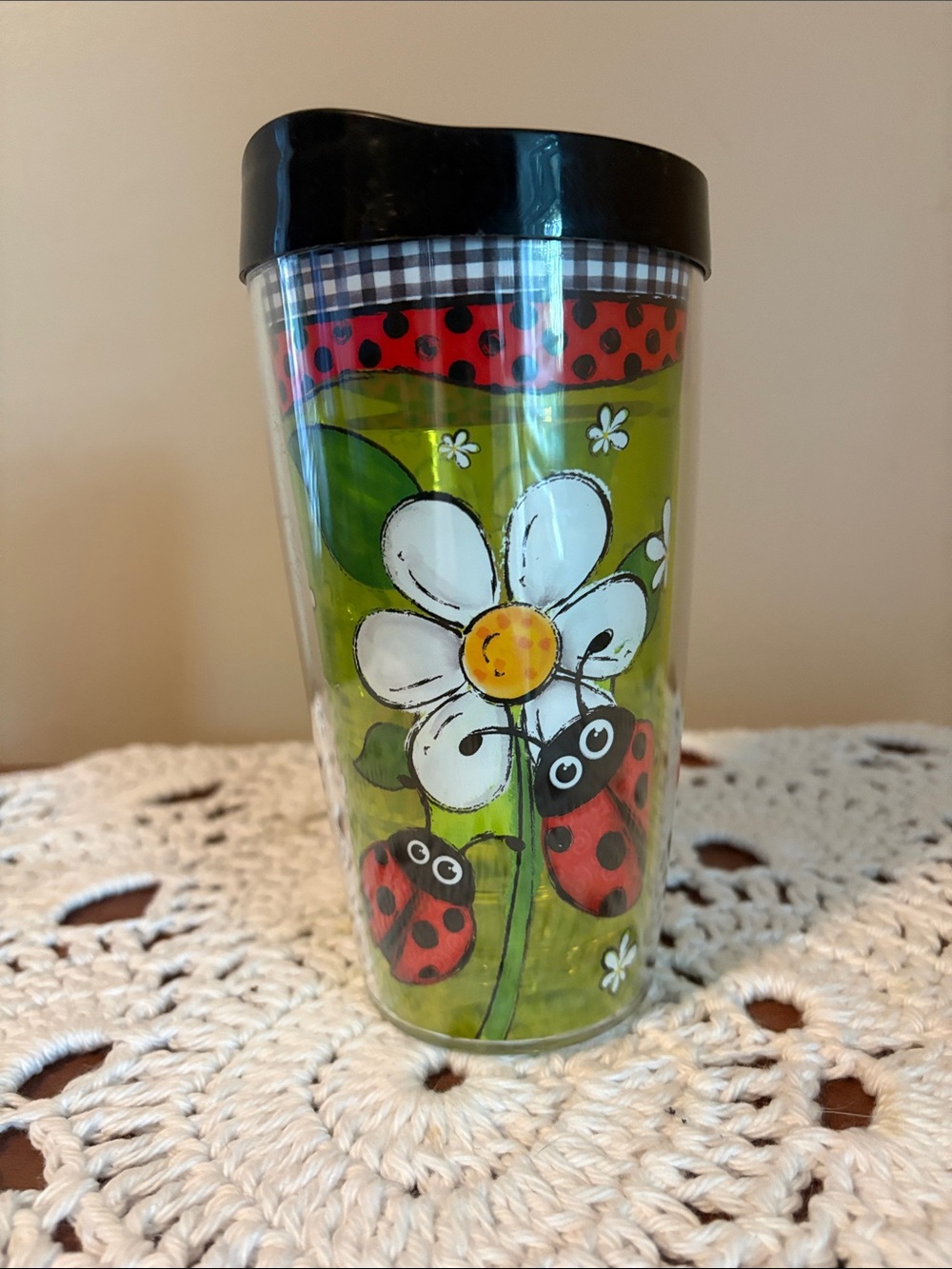 Ladybug Floral Travel 16 oz Tumbler with Black Lid NEW